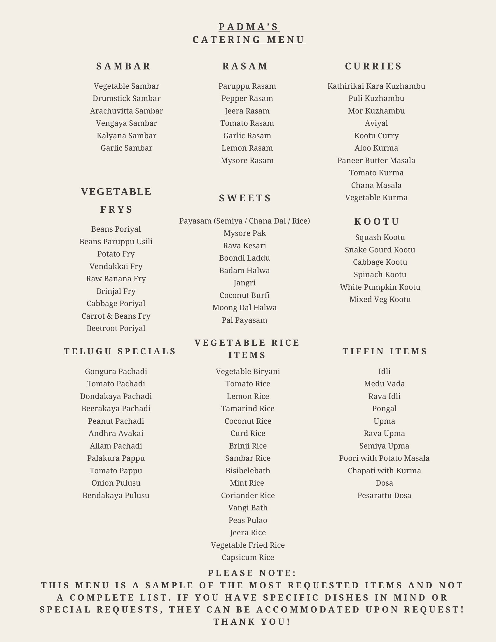 Padma's Catering Menu